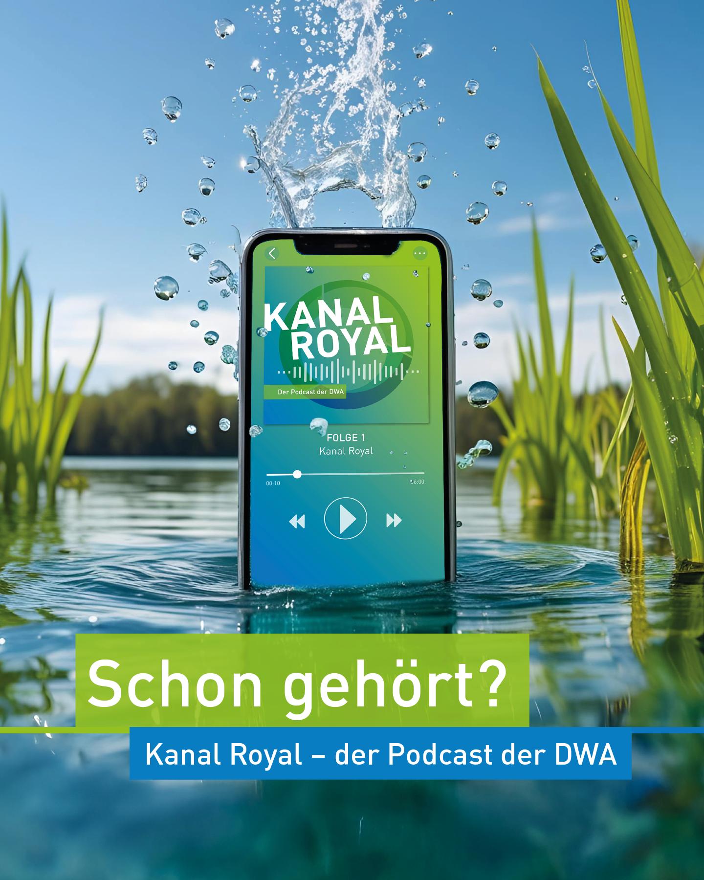 Schmuckbild Kanal Royal, Handy das ins Wasser fällt und auf dem Display das Logo Kanal Royal zeigt